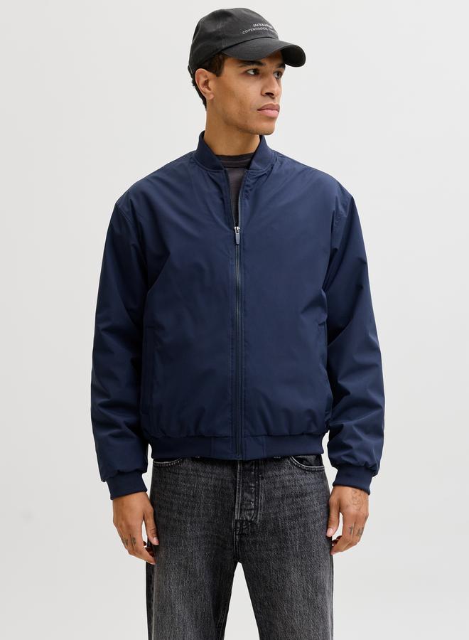 JACK & JONES Navy Blue Solid Zip-Up Bomber Jacket - Image 1