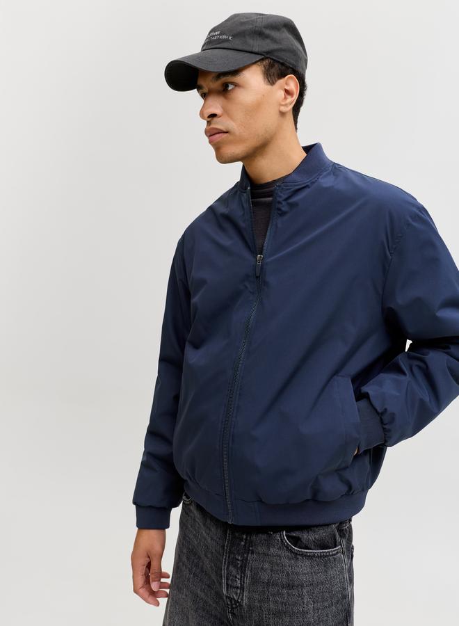 JACK & JONES Navy Blue Solid Zip-Up Bomber Jacket - Image 4