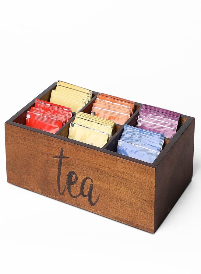 LBEMEY Tea Bag Organizer,Acacia Wood Tea Storage Containers with 6 Compartments, Sugar Packet Holder,Tea Bag Caddy Box for Cabinet Countertop Office (Brown-Labeled "Tea") - Image 1