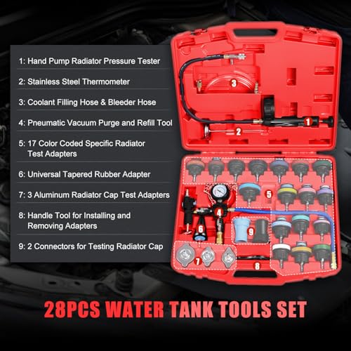 JIFETOR Radiator Coolant Pressure Tester Vacuum Refill Tool Kit, 28PCS Automotive Cooling System Leak Test and Pneumatic Purge Fill Set with Testing Adapter Caps Universal for Airlift Car Auto Truck - Image 2