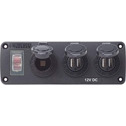 Blue Sea Systems 4365 Water-Resistant Accessory Panel - 15A Circuit Breaker, 12V Socket, 2X 2.1A Dual USB Chargers,Black - Image 1