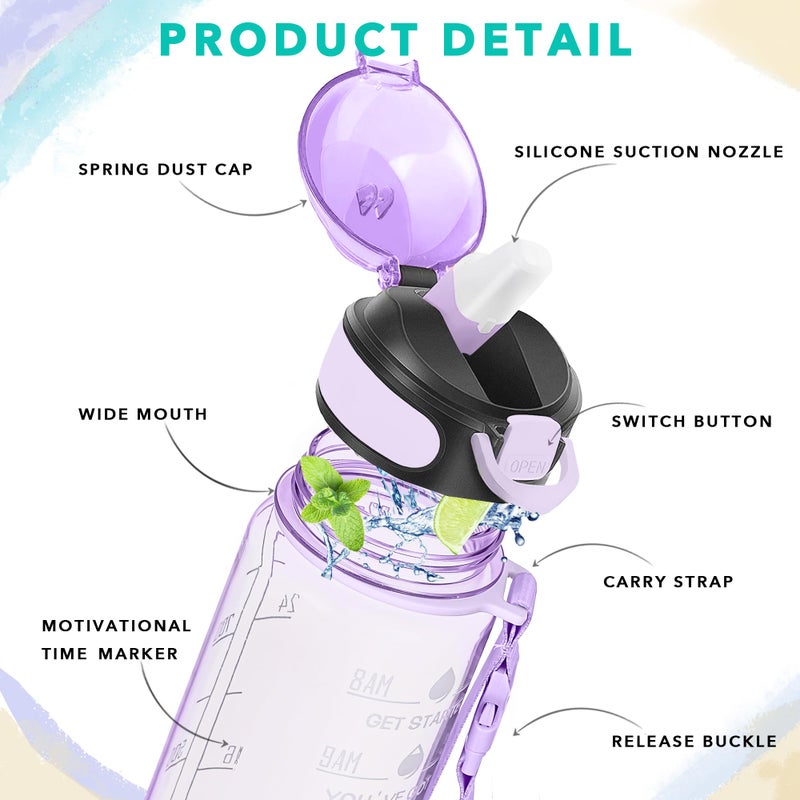 Enerbone 32 Oz Water Bottle With Times To Drink And Straw  Motivational Drinking Water Bottles With Carrying Strap  Leakproof Bpa & Toxic Free  Ensure You Drink Enough Water For Fitness Gym Outdoor - Image 3