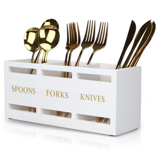Ayiaren Wood Flatware Silverware Caddy White Cutlery Holder Kitchen Utensils Holder for Party Wooden Silverware Organizer for Countertop Knife Spoon and Fork Holder Table Utensil Caddy Organizer - Image 1