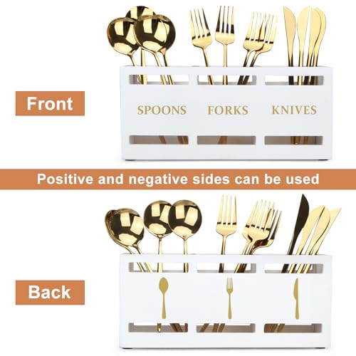 Ayiaren Wood Flatware Silverware Caddy White Cutlery Holder Kitchen Utensils Holder for Party Wooden Silverware Organizer for Countertop Knife Spoon and Fork Holder Table Utensil Caddy Organizer - Image 4