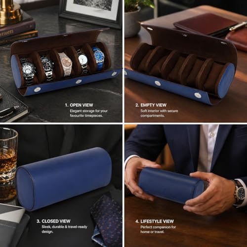 essart 5-Slot Watch Roll Travel Organizer – Premium PU Leather Watch Storage Case, Portable Travel Watch Roll for Men & Women, & Gift Box - Image 2