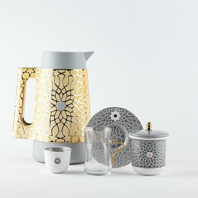 rayihni Asalah Arabic Tea Glass And Coffee Sets 21Pieces GreyGold - Image 4