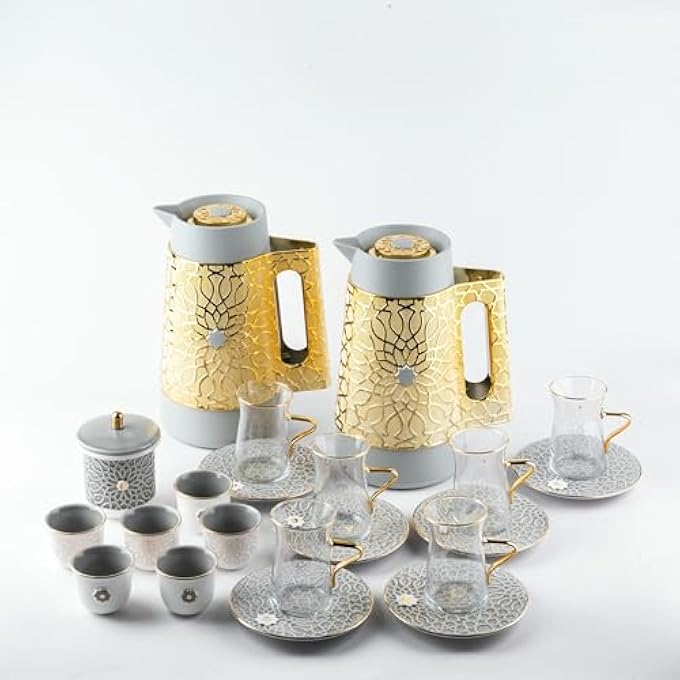 rayihni Asalah Arabic Tea Glass And Coffee Sets 21Pieces GreyGold - Image 3