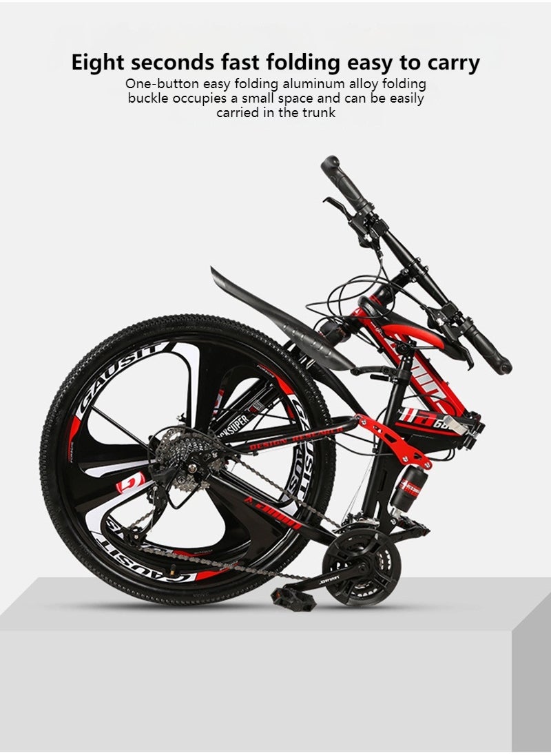 amin 26 Inch Folding Mountain Bike,24 Speed Full Suspension High-Carbon Steel Foldable Bicycle,Dual Disc Brake Non-Slip Folding Bikes for Adults/Men/Women,Shock Absorption,6-Blade Wheel  - Image 5