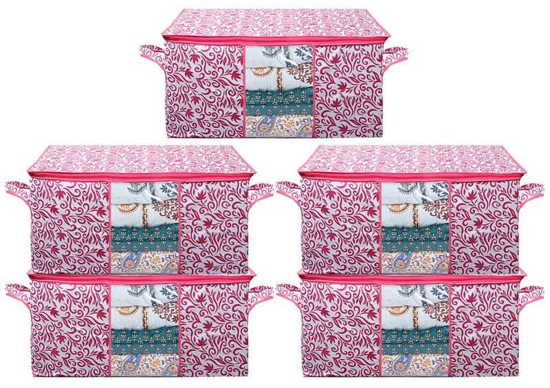 Kuber Industries Leaf Design Non Woven Underbed Storage Bag Organiser Blanket Cover Pink CTKTC21207 5 Pieces - Image 1