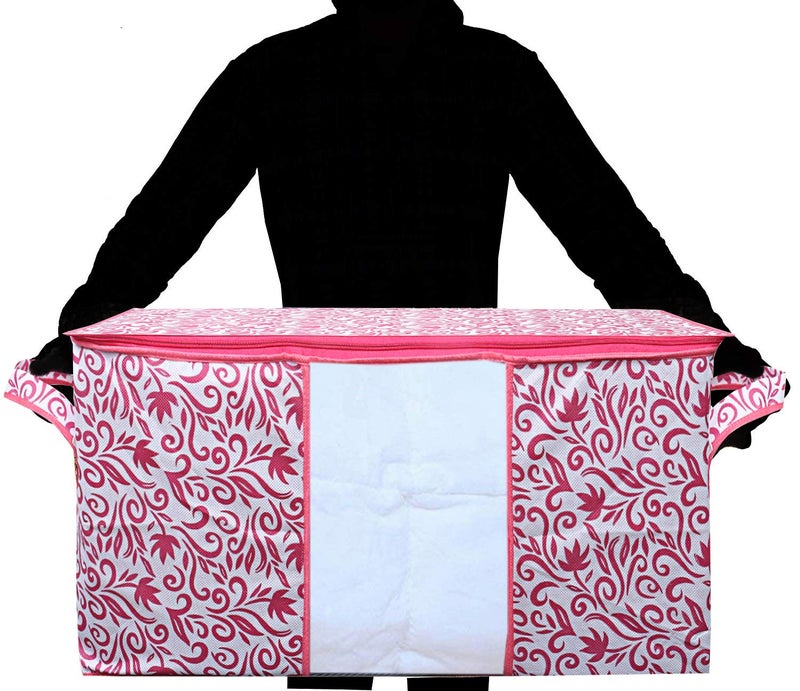 Kuber Industries Leaf Design Non Woven Underbed Storage Bag Organiser Blanket Cover Pink CTKTC21207 5 Pieces - Image 2