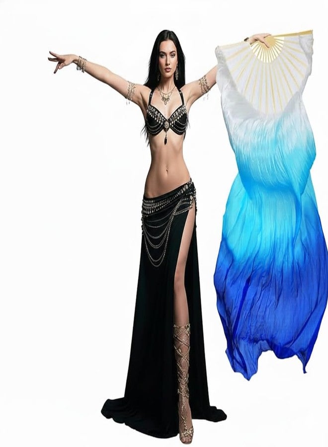 AK ANOLIHK Premium Silk Dance Fan Veil - Long Bamboo Folding Hand Fan for Stage & Festival Performances(1PC) (160CM-1pc White Cyan Blue MIT 0) - Image 1