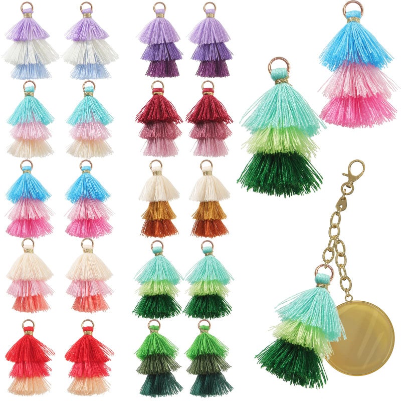 Dingion 100Pcs Tiny Tri Layered Keychain Tassels Mini Tassel Craft Jewelry Making Tassel for Earring BookmarkFresh Colors