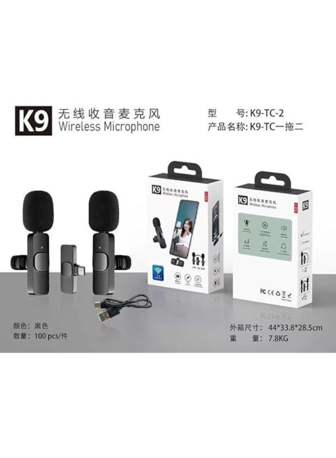 ميكروفون لاسلكي K9 بمشبك تسجيل مزدوج متعدد الاتجاهات مع جهاز استقبال للكمبيوتر المحمول والكاميرا بمدخل أيفون ومدخل اخر من نوع تايب سي لتسجيل الفيديو على YouTube عبر الإنترنت ومكالمات التكبير - Image 1