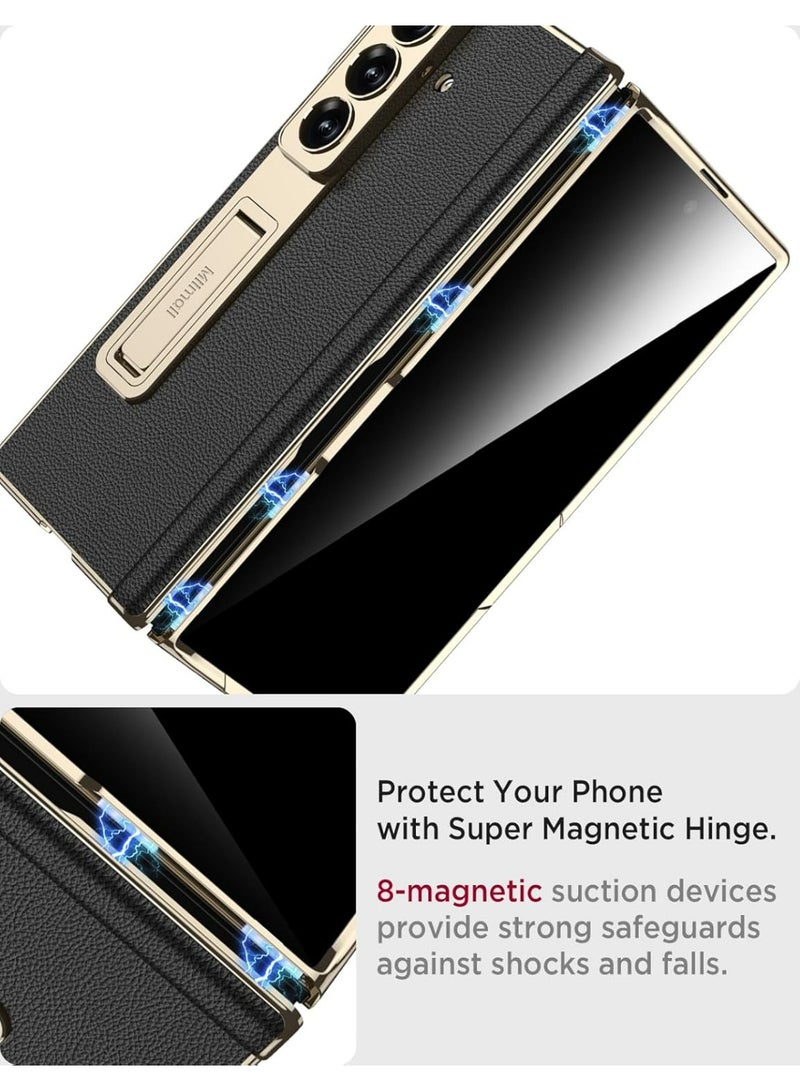 HaDoii Leather Case for Samsung Galaxy Z Fold 7 with Stand,Built-in Screen Protector and Magnetic Hinge Protection, Wireless Charging, Sturdy Luxury Bumper Cover for ZFold 7 Case, Gold Black - Image 4