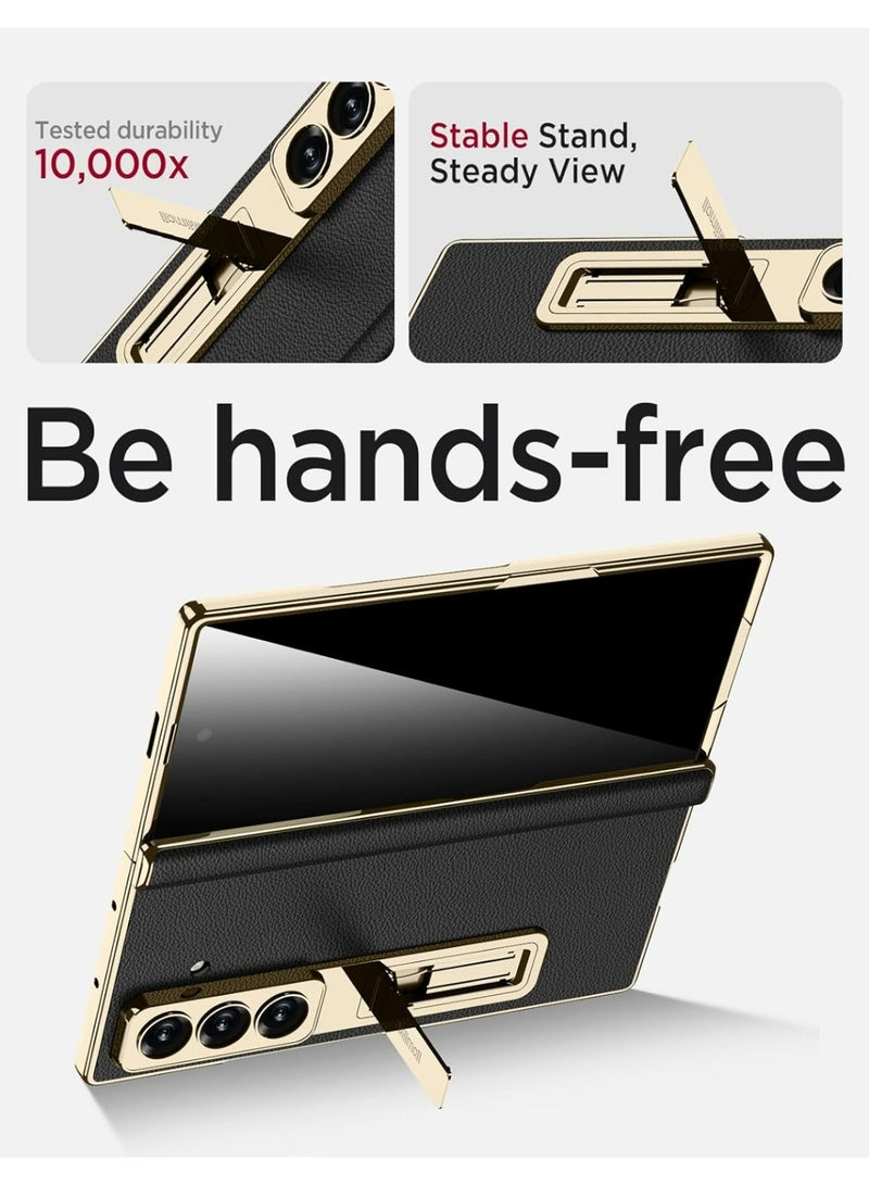 HaDoii Leather Case for Samsung Galaxy Z Fold 7 with Stand,Built-in Screen Protector and Magnetic Hinge Protection, Wireless Charging, Sturdy Luxury Bumper Cover for ZFold 7 Case, Gold Black - Image 2