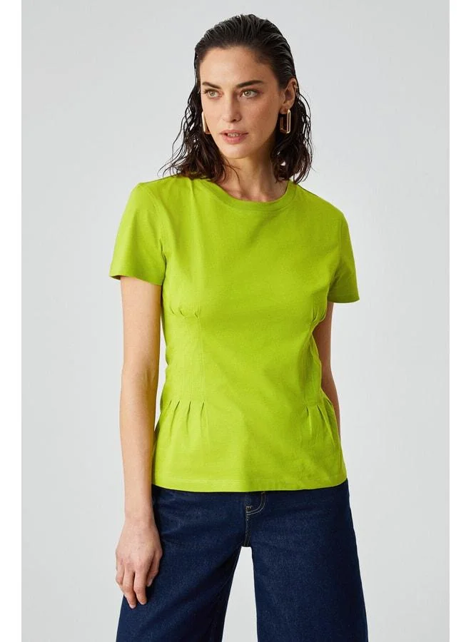 GRIMELANGE JESSIA Women's Corset-Detail 100% Organic Cotton Crew Neck Green T-Shirt.