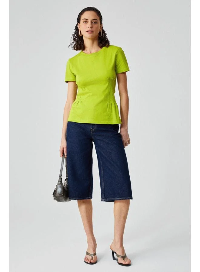 GRIMELANGE JESSIA Women's Corset-Detail 100% Organic Cotton Crew Neck Green T-Shirt.