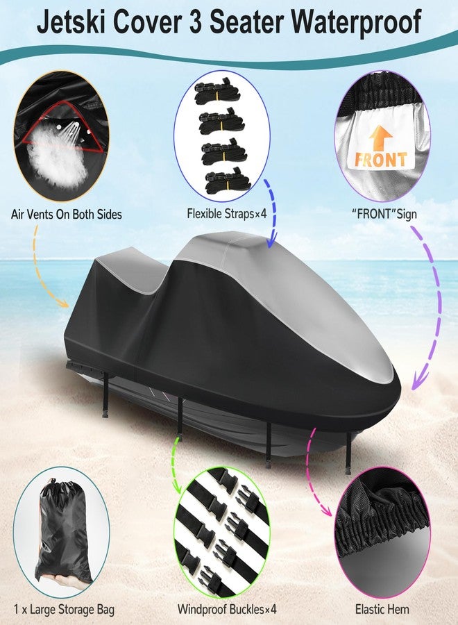 GRABADO Jet Ski Cover,Durable 420D Jetski Cover 3 Seater Waterproof,Upgraded Waverunner Cover with 2 Air Vents，4 Windproof Buckles,All Weather Universal Cover for Seadoo (Silver-Black, XXL:121"-135") - Image 4