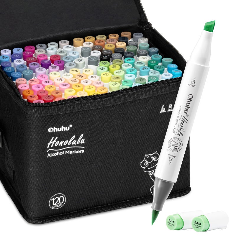 Ohuhu Alcohol Markers Brush Tip -Double Tipped Art Marker Set for Artist Adults Coloring Illustration - 120 Colors- Brush & Chisel Dual Tips- Honolulu of Ohuhu Markers- Refillable Alcohol-based Ink - Image 1