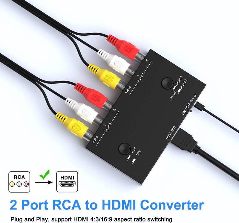 Ruipoo 2 Port RCA/AV to HDMI Converter Adapter Support 16:9/4:3 for WII/N64/PS1/PS2/PS3/VHS/VCR/DVD Players etc(2 AV in 1 HDMI Out) - Image 5