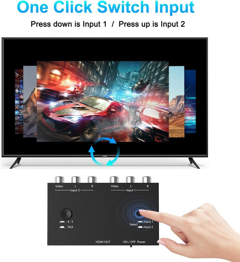 Ruipoo 2 Port RCA/AV to HDMI Converter Adapter Support 16:9/4:3 for WII/N64/PS1/PS2/PS3/VHS/VCR/DVD Players etc(2 AV in 1 HDMI Out) - Image 4