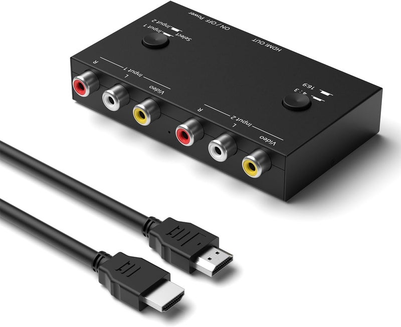 Ruipoo 2 Port RCA/AV to HDMI Converter Adapter Support 16:9/4:3 for WII/N64/PS1/PS2/PS3/VHS/VCR/DVD Players etc(2 AV in 1 HDMI Out) - Image 1