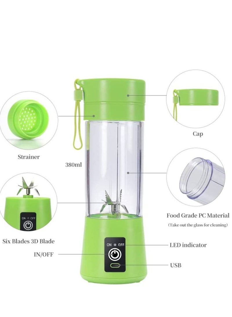 Generic - Portable Blender Cup,Electric USB Juicer Blender,Mini Blender Portable Blender For Shakes and Smoothies, Juice,380ml, Six Blades Great for Mixing,Green - Image 1
