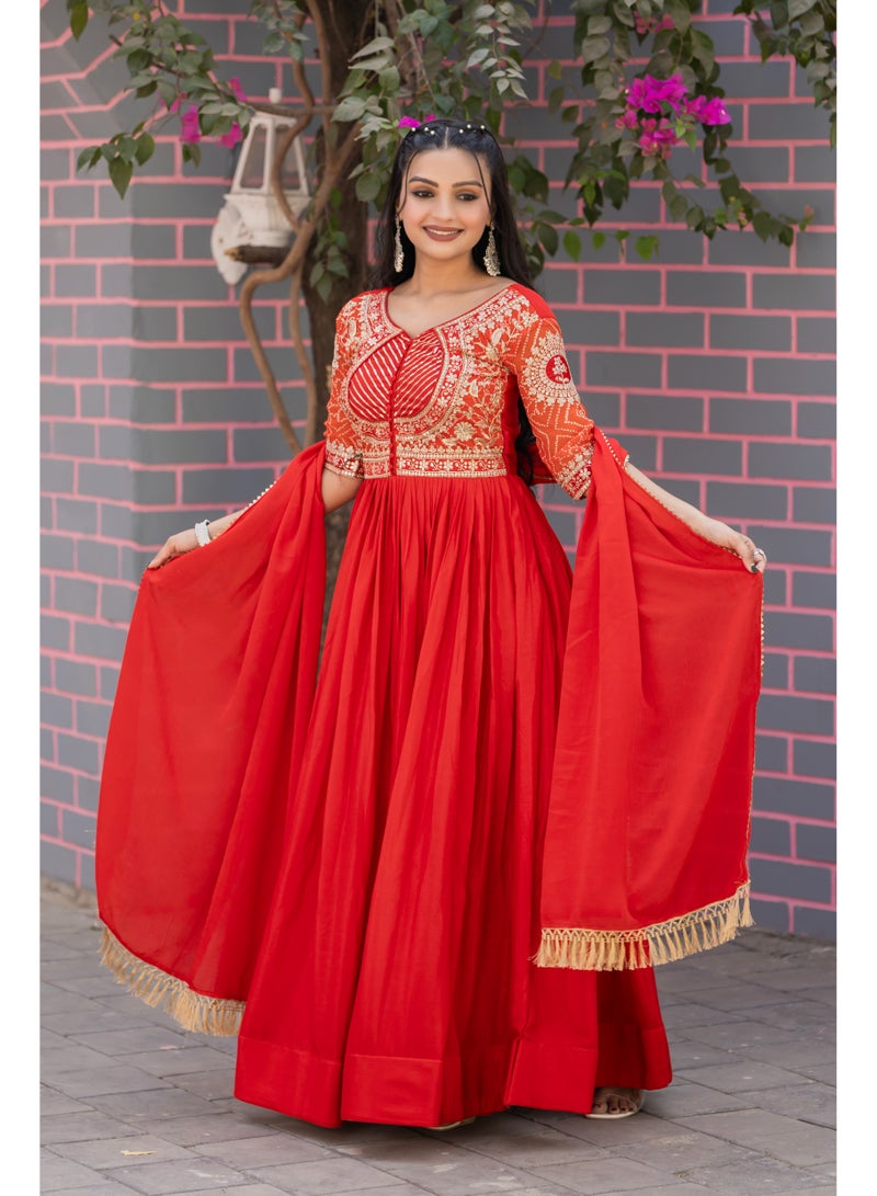 Super Asian Pure Chinnon Anarkali Gown with Bandhej & Sequence Embroidery  - Image 1