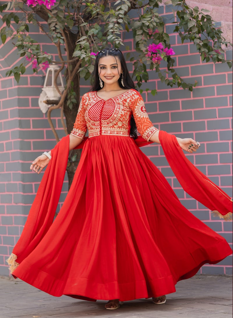 Super Asian Pure Chinnon Anarkali Gown with Bandhej & Sequence Embroidery  - Image 2