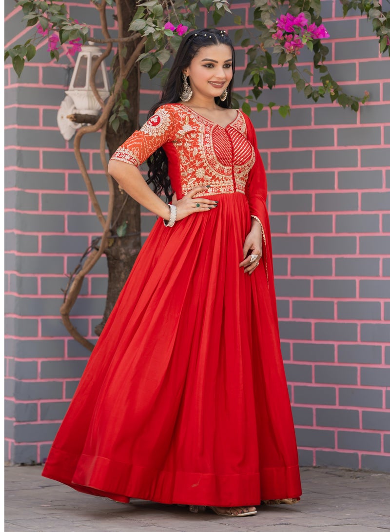 Super Asian Pure Chinnon Anarkali Gown with Bandhej & Sequence Embroidery  - Image 4