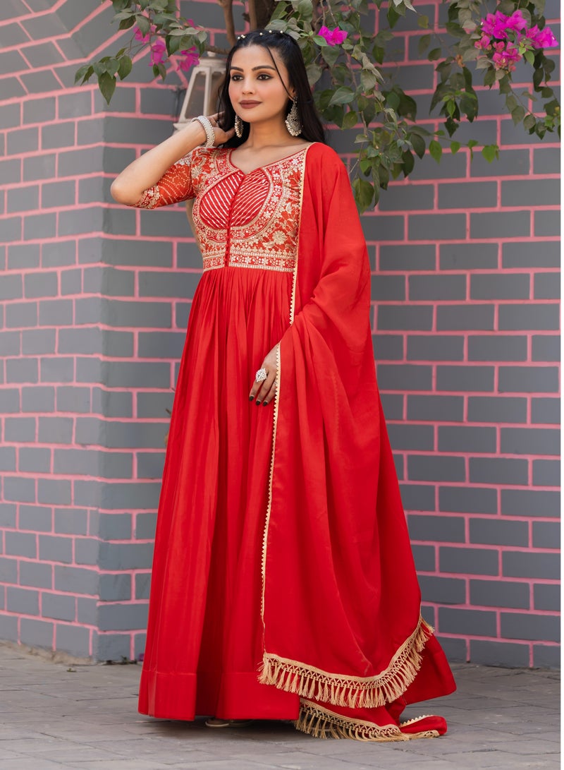 Super Asian Pure Chinnon Anarkali Gown with Bandhej & Sequence Embroidery  - Image 5