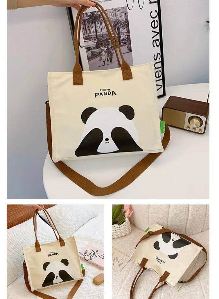 Panda Cute panda print canvas shoulder bag, women's cartoon large capacity tote bag, handbag, casual passenger bag  - Image 3
