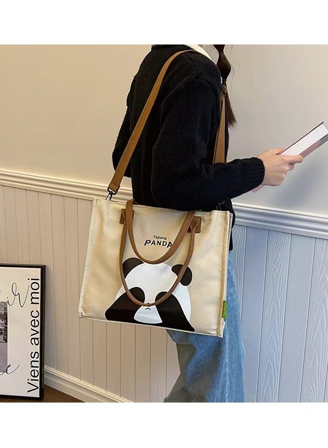 Panda Cute panda print canvas shoulder bag, women's cartoon large capacity tote bag, handbag, casual passenger bag  - Image 5