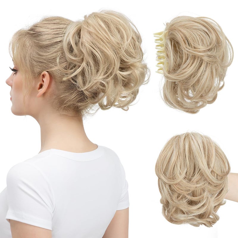 youngways Claw Clip Short Ponytail Messy Bun Hair Piece Bendable Hair Branch Extensions Fluffy Wavy Curly Synthetic Versatile Sunny Blonde Hairpieces