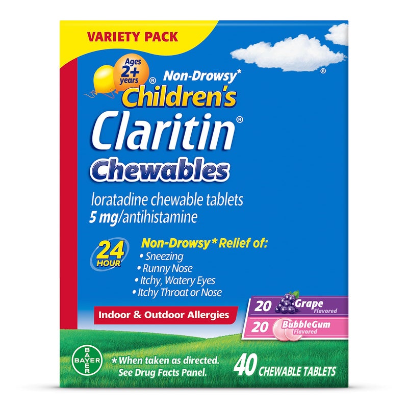 Claritin كلاريتين مضغ للأطفال، 24 ساعة تخفيف حساسية غير مسبب للنعاس بنكهتي العنب ولبان، 40 قرص مضاد للهستامين - Image 1