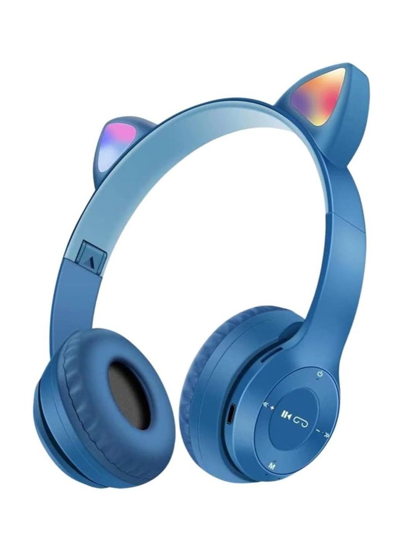 P47 Wireless Gaming Headset, Bluetooth 5.0 Cat Ear Headphones, Kids Headphones,LED Light Up Bluetooth Over Ear Headphones for Kids and Adults Wearing(Dark Blue) 