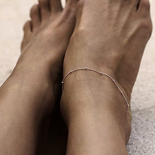 Kyerlyn Dainty Anklets for Women Sterling Silver Satellite Chain Ankle Bracelets for Women Waterproof Adjustable Chain Silver Beaded Anklet Simple Fashion Summer Beach Gift - Image 4
