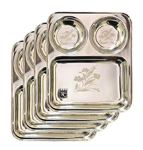 KC Stainless Steel Laser Partition Plate 3 in1 | Bhojan Thali | Dinner Plate Set of 4 - Image 4