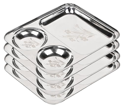 KC Stainless Steel Laser Partition Plate 3 in1 | Bhojan Thali | Dinner Plate Set of 4 - Image 1