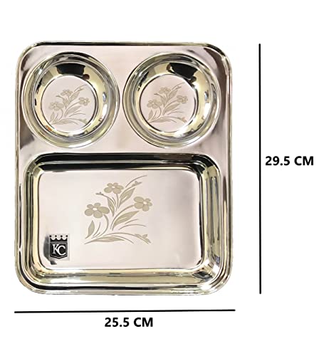 KC Stainless Steel Laser Partition Plate 3 in1 | Bhojan Thali | Dinner Plate Set of 4 - Image 2