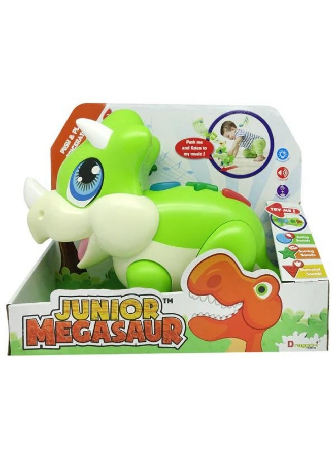 DRAGON-I TOYS Mad Toys Junior Megasaur Push & Play Sound Green Triceratops Figure  - Image 3
