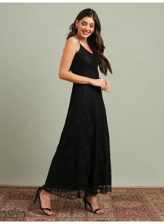 globus Globus Women V-Neck Back Side Cross Strap Cut-Out Detail Lace Fit & Flare Maxi Party Dress