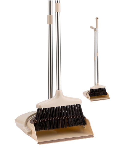 Dustpan and Broom Set - Brown -  Easy-Storage Broom Set with Durable Self-Cleaning Dustpan and Adjustable Handle for Multi-Surface Sweeping - Ideal for Home, Office, Indoor and Outdoor Use