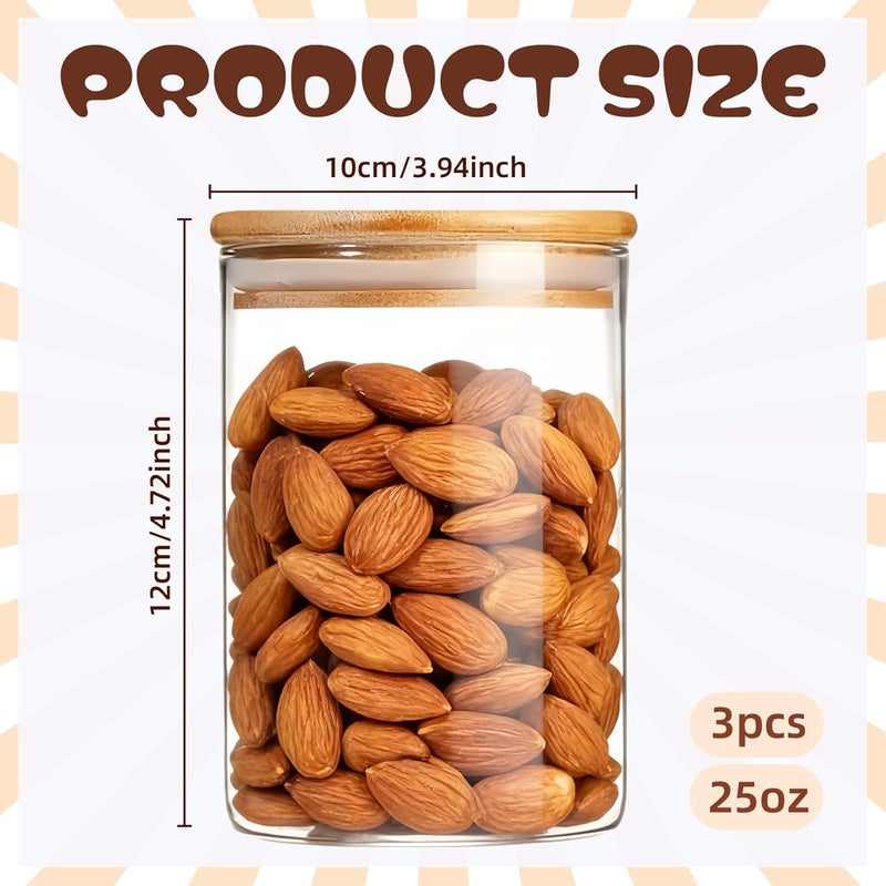 MEETOZ 750ml Set of 3 Glass Jars with Bamboo Lids,High Borosilicate Glass Transparent Airtight Food Storage Tank,Large Capacity Kitchen Food Containers for Spices,Coffee Beans,Oatmeal - Image 2