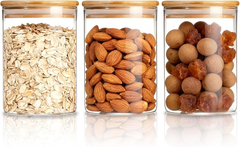 MEETOZ 750ml Set of 3 Glass Jars with Bamboo Lids,High Borosilicate Glass Transparent Airtight Food Storage Tank,Large Capacity Kitchen Food Containers for Spices,Coffee Beans,Oatmeal - Image 1