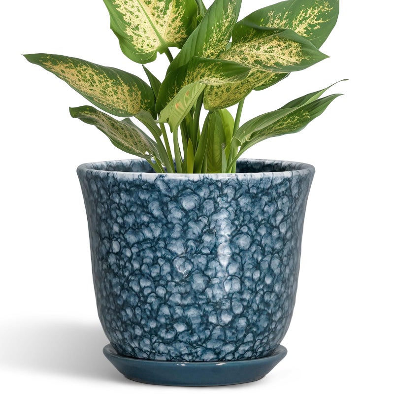 SUNPOTFOR Ceramic Pots for Plants - 5.6 Inch Plant Pot for Indoor Outdoor, Round Succulent Orchid Pot with Drainage Hole and Saucer, Modern Small Flower Pot, Room Home Decor, Plant Lover Gifts, Blue - Image 1