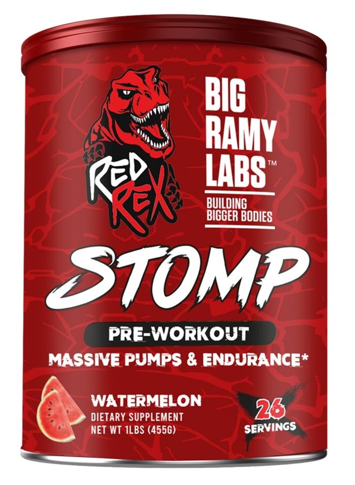 Labs Red Rex Stomp Pre-Workout Powder, Watermelon Flavor, 455 g, Amino Acids, Caffeine & Citrulline Formula