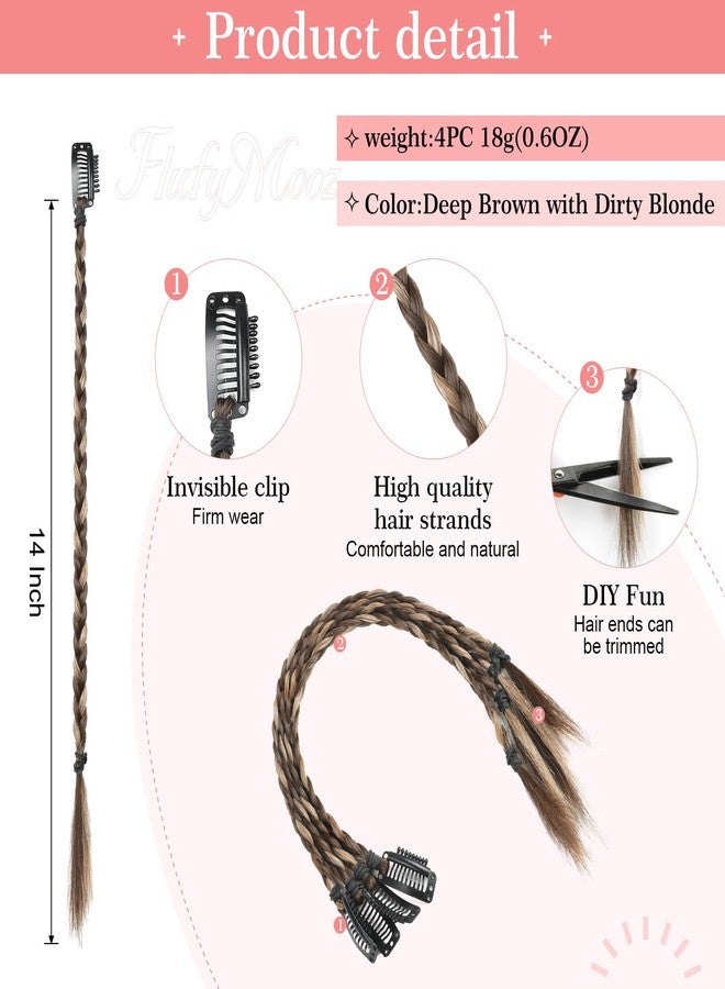 Flufymooz 4PC Braid in Hair Extension 14 Inch Clip in Braid Extensions for Women Synthetic Hairpieces for Daily Use Party Styling (Deep Brown with Dirty Blonde) - Image 2