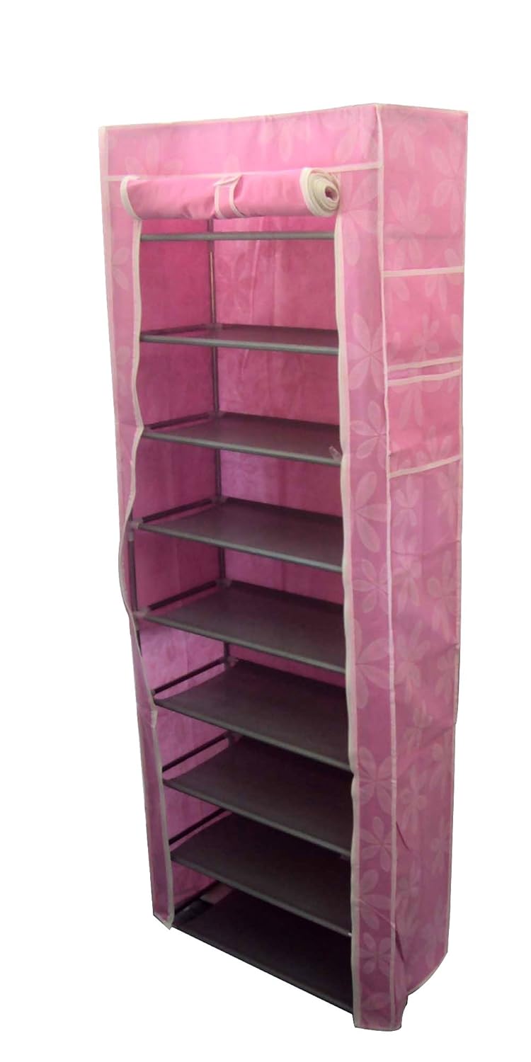 EtsiBitsi 9 Tiers Multipurpose Portable Folding Shoes RackShoes ShelfShoes Cabinet with Wardrobe Cover Easy Installation Stand for Shoes Pack of 1 Metal NonWoven Fabric Pink Floral - Image 3
