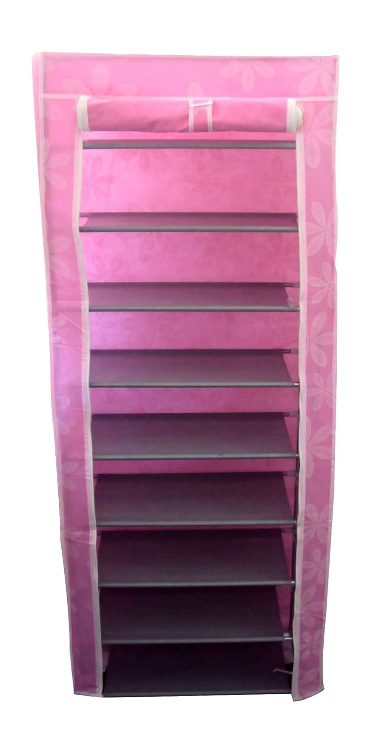 EtsiBitsi 9 Tiers Multipurpose Portable Folding Shoes RackShoes ShelfShoes Cabinet with Wardrobe Cover Easy Installation Stand for Shoes Pack of 1 Metal NonWoven Fabric Pink Floral - Image 1